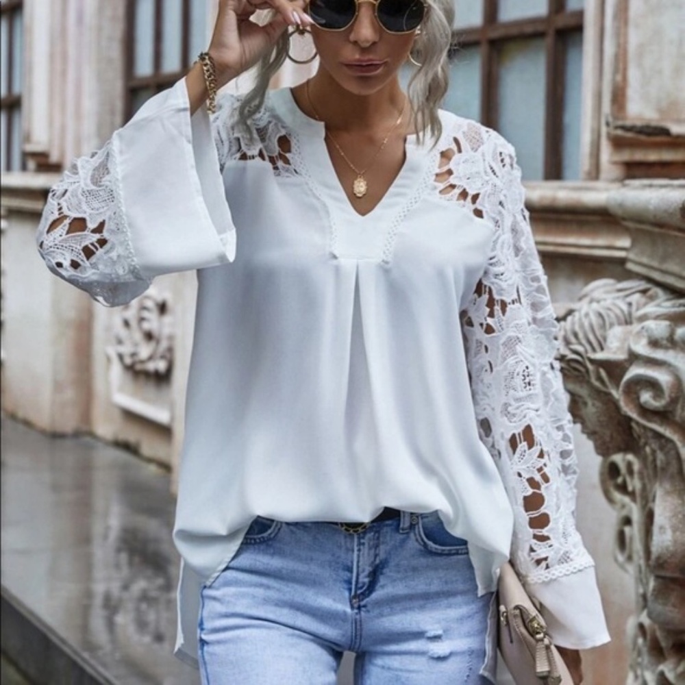 Boho lace cutout crochet bell sleeve top